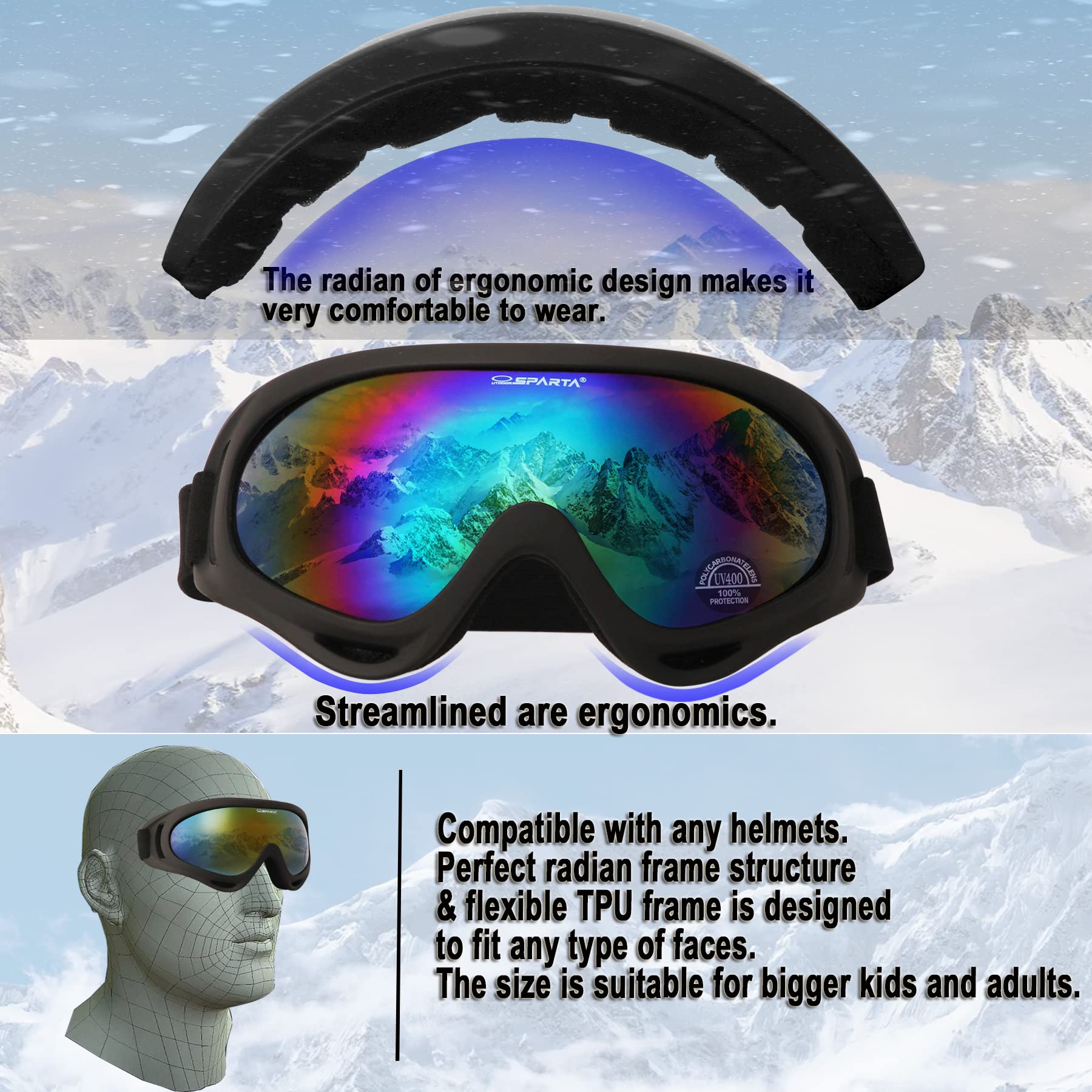 OUTDOOR SPARTA Ski Goggles (1. Black Frame, Multiple Color Lens; Black Frame, Silver Coated Lens)