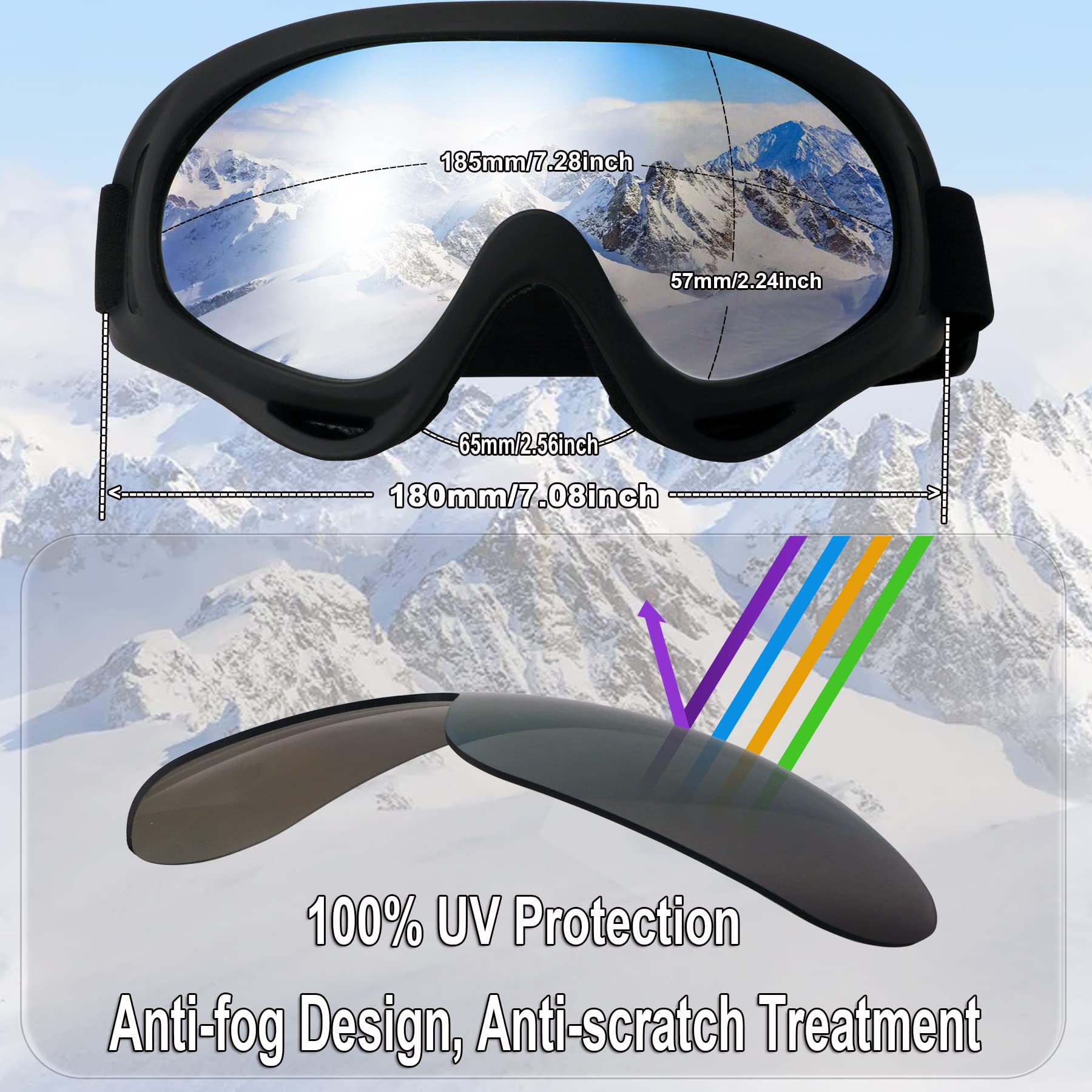 OUTDOOR SPARTA Ski Goggles (1. Black Frame, Multiple Color Lens; Black Frame, Silver Coated Lens)