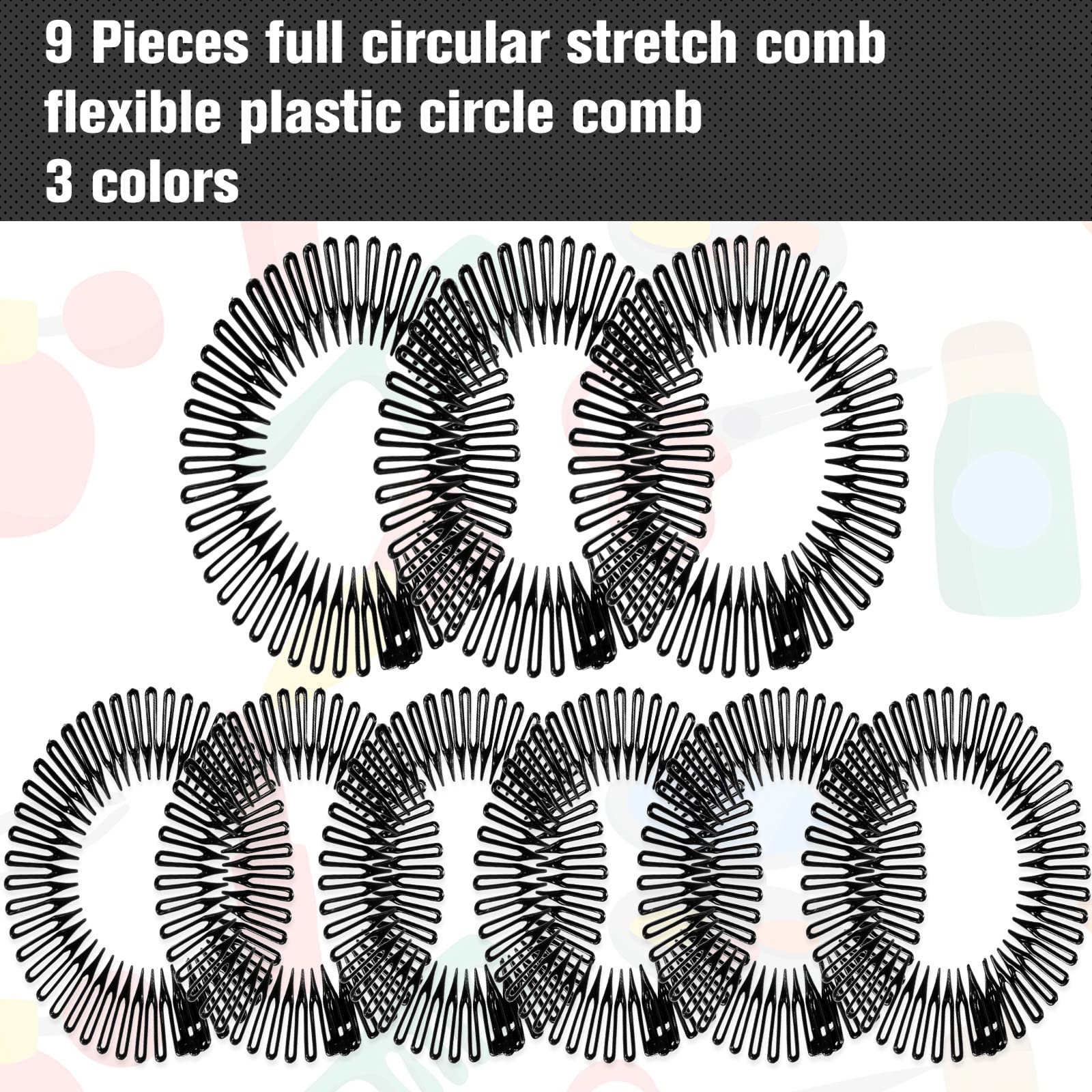 Nuenen 9 Pieces Circular Stretch Plastic Hair Comb Headband Set for Women Girls Hair Accessories (Black)