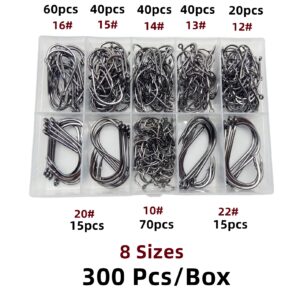 DAMIDEL 300Pcs/Box （22# ...15# 10# Fishing Hook, Forged Steel/Barded Design, 8 Sizes Universal Octopus Fishing Hooks Set， Sharp/High Carbon/Hook Eye, Suitable Sizes in Freshwater Saltwater