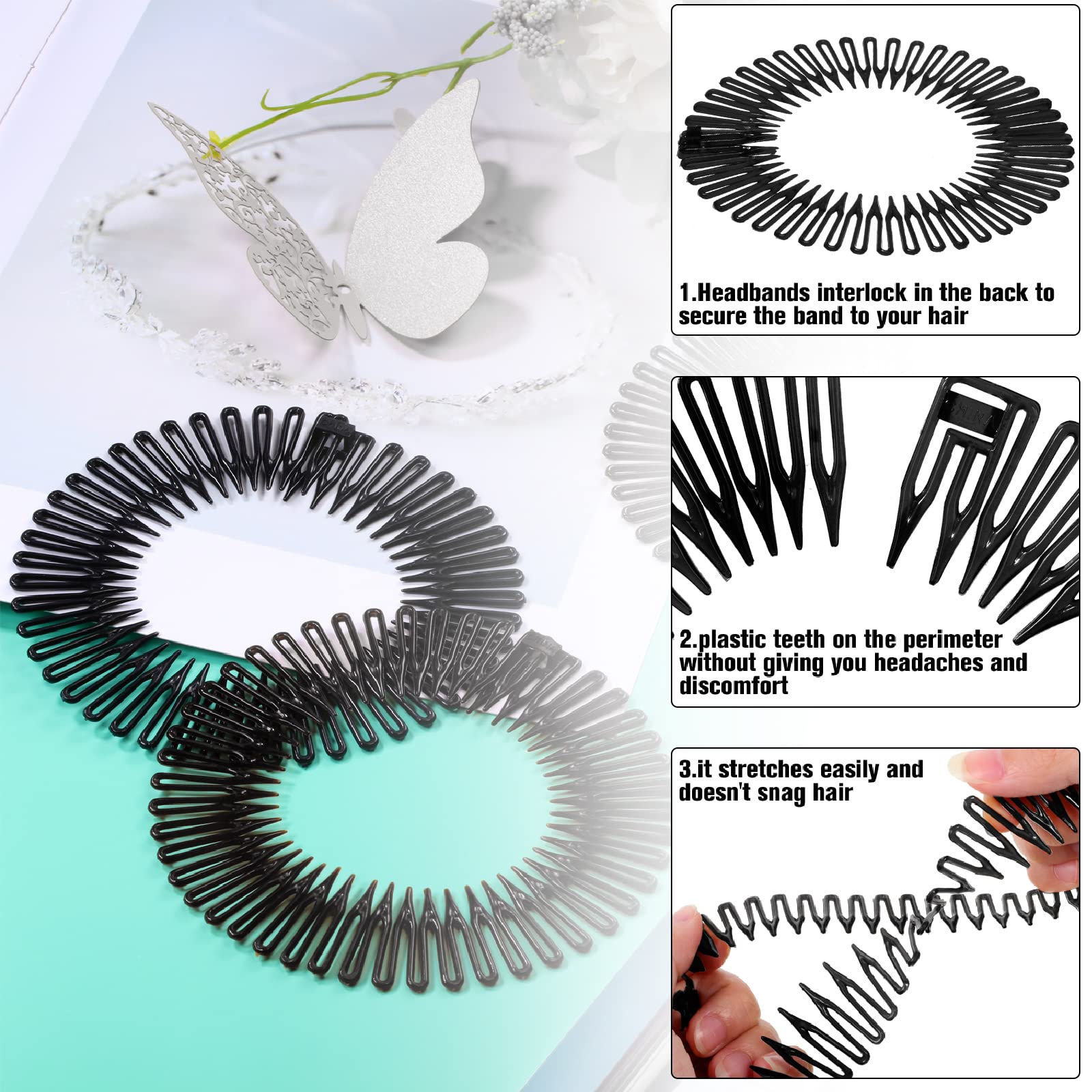 Nuenen 9 Pieces Circular Stretch Plastic Hair Comb Headband Set for Women Girls Hair Accessories (Black)