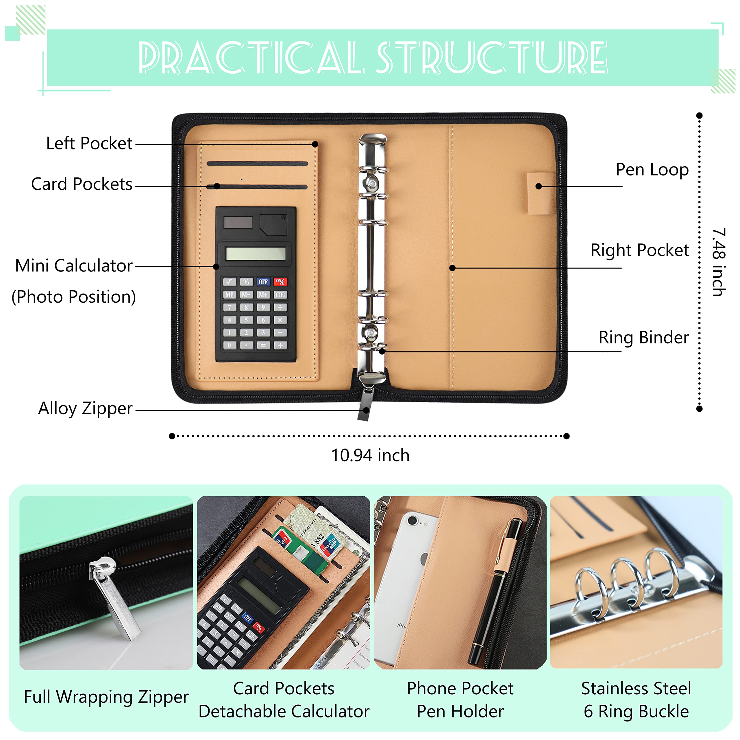 Budget Binder with Zipper Envelopes, Cash Envelopes for Budgeting, A6 PU Leather Budget Planner 2024 with Cash Envelopes Calculator, Bill Money Organizer for Cash Saving Budget System Wallet