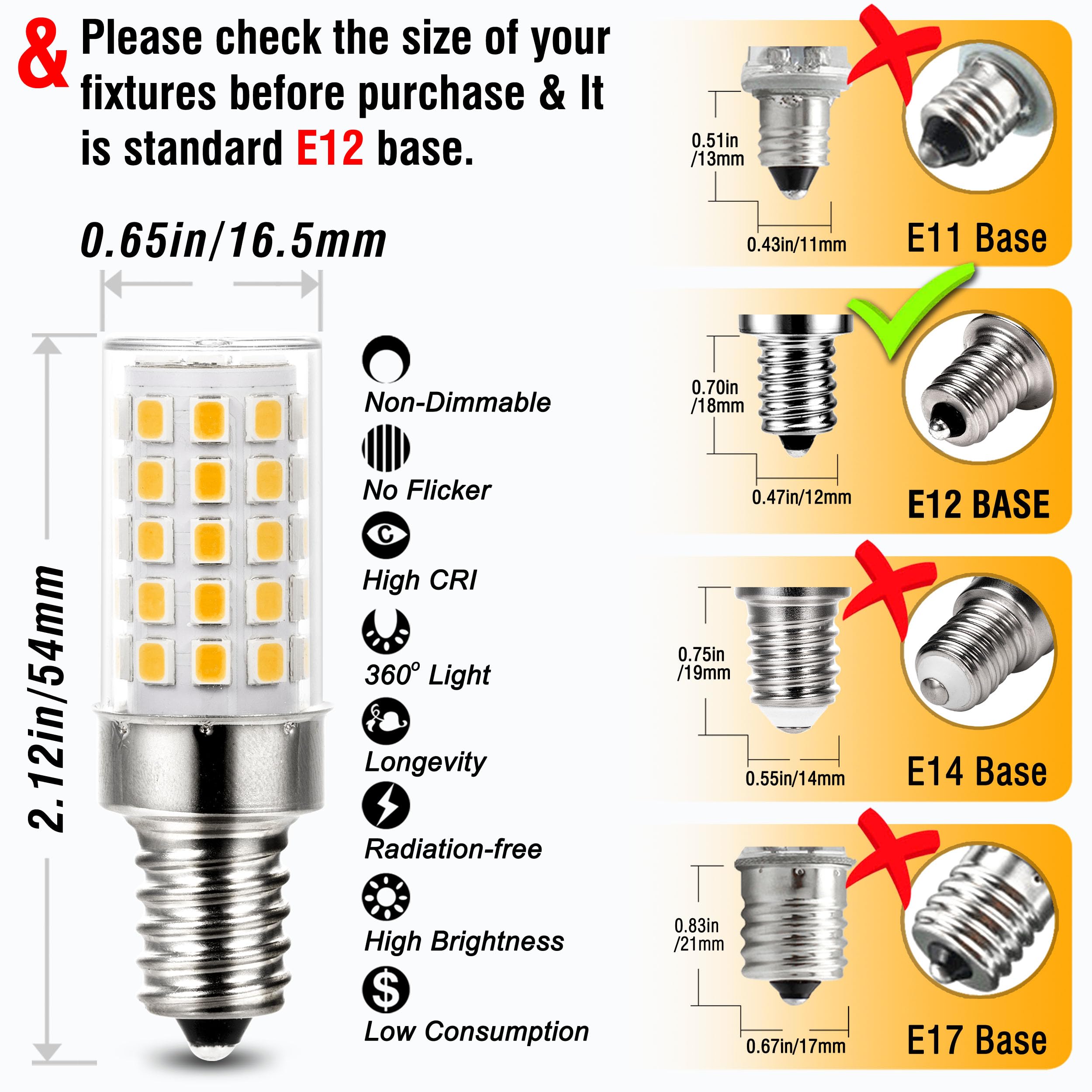 ALIDE E12 LED Candelabra Light Bulbs 6W C7,Replace E12 60 Watt Halogen Equivalent,Warm White 2700k T6 110V 120V Small Base E12 LED Bulbs for Ceiling Fan Chandelier Lighting,550lm 10Pack