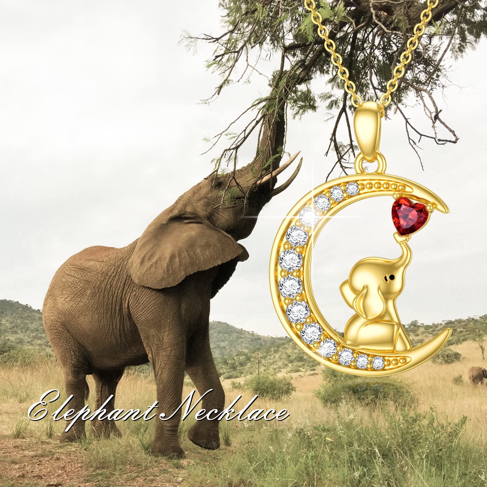 14K Gold Lucky Elephant Necklace with Garnet Moon Necklace with Moissanite Cute Animal Jewelry Gift for Women