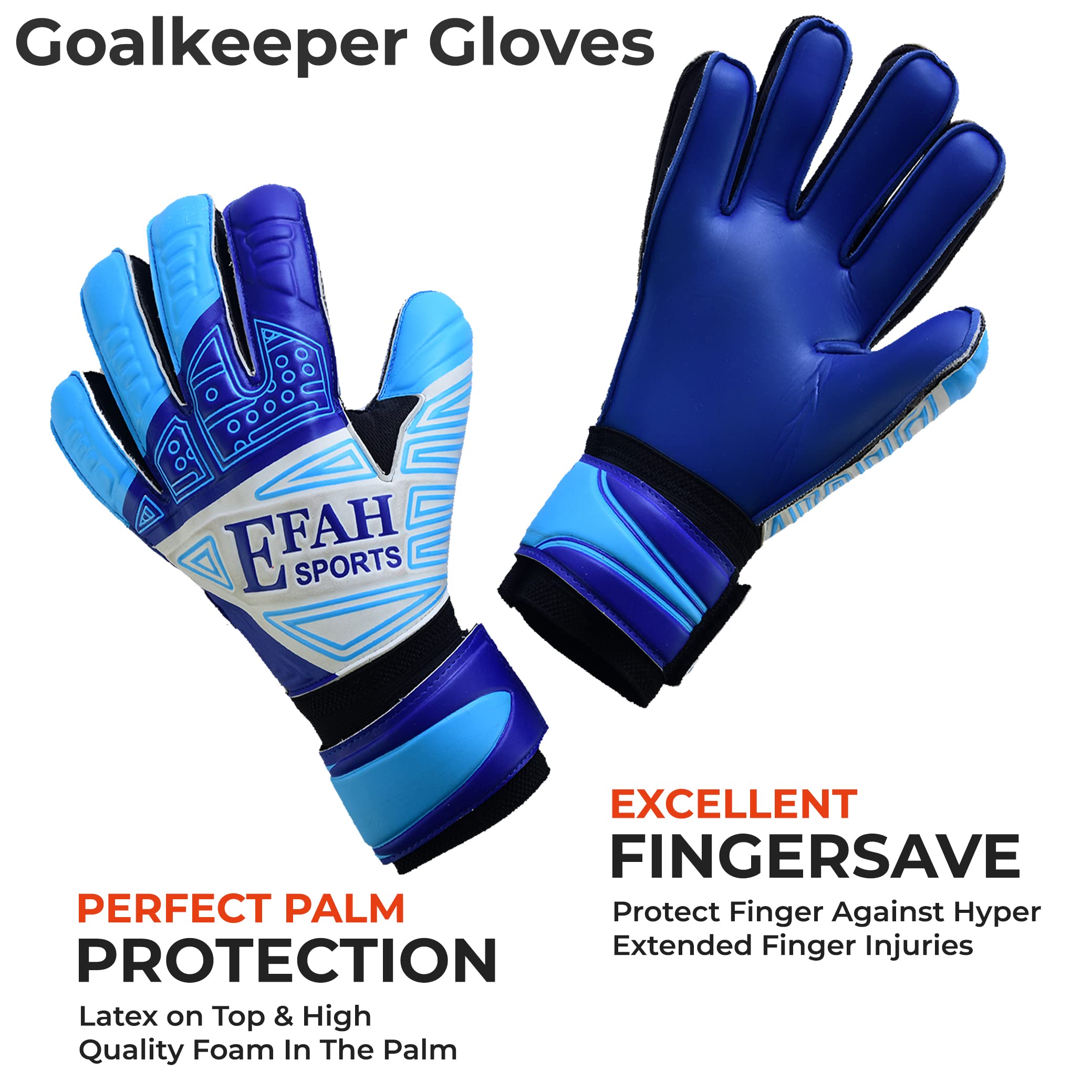 EFAH SPORTS Soccer Goalkeeper Gloves for Kids Boys Children Youth Football Goalie Gloves with Fingersave and Double Wrist Protection Strong Grip Palms (Size 6 suitable for 13 to 15 years old, Blue)