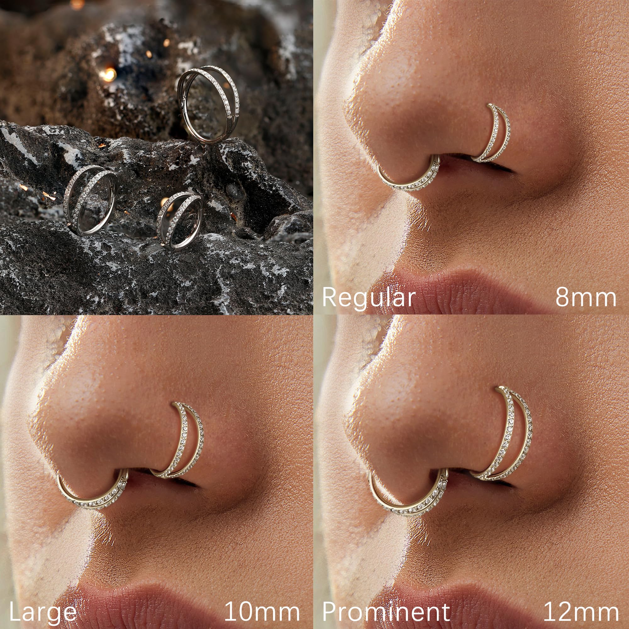 MILACOLATO G23 Titanium 18G Septum Clicker Nose Rings Double Open Stack Conch Daith Earrings Helix Tragus Cartilage Earrings Piercing Jewelry with Clear CZ for Women Men 8MM, Silver Tone