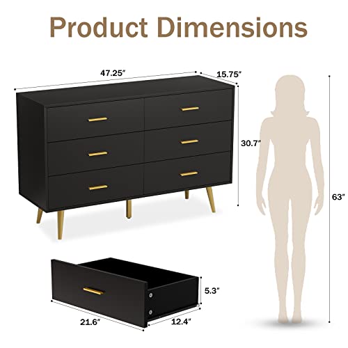 RESOM Black 6 Drawer Dresser for Bedroom, Wooden Black Double Dresser with Gold Handles, Modern Chest Dresser with Deep Drawers for Living Room, Hallway