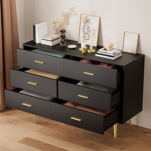 RESOM Black 6 Drawer Dresser for Bedroom, Wooden Black Double Dresser with Gold Handles, Modern Chest Dresser with Deep Drawers for Living Room, Hallway