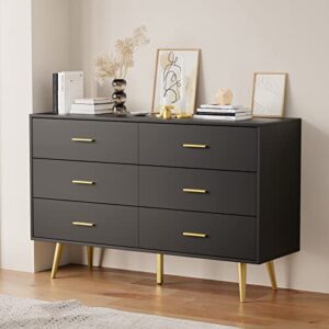 RESOM Black 6 Drawer Dresser for Bedroom, Wooden Black Double Dresser with Gold Handles, Modern Chest Dresser with Deep Drawers for Living Room, Hallway