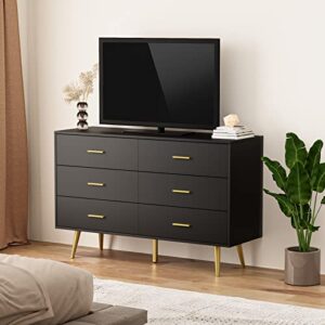 RESOM Black 6 Drawer Dresser for Bedroom, Wooden Black Double Dresser with Gold Handles, Modern Chest Dresser with Deep Drawers for Living Room, Hallway