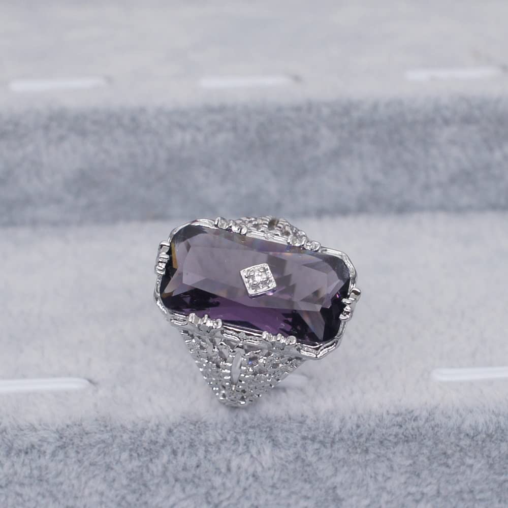 Luxury Fashion Rectangular Natural Amethyst Princess Ring in 925 Silver Openwork Square Perfect Cut Purple Gemstone Cubic Zirconia Ring CZ Eternity Engagement Wedding Ring Women's Sizes 6-10 582 (9)