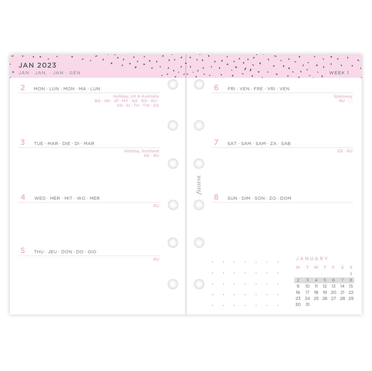 Filofax Pocket Confetti Week to View Diary, organizer diary, 2023, diary refill, calendar, White