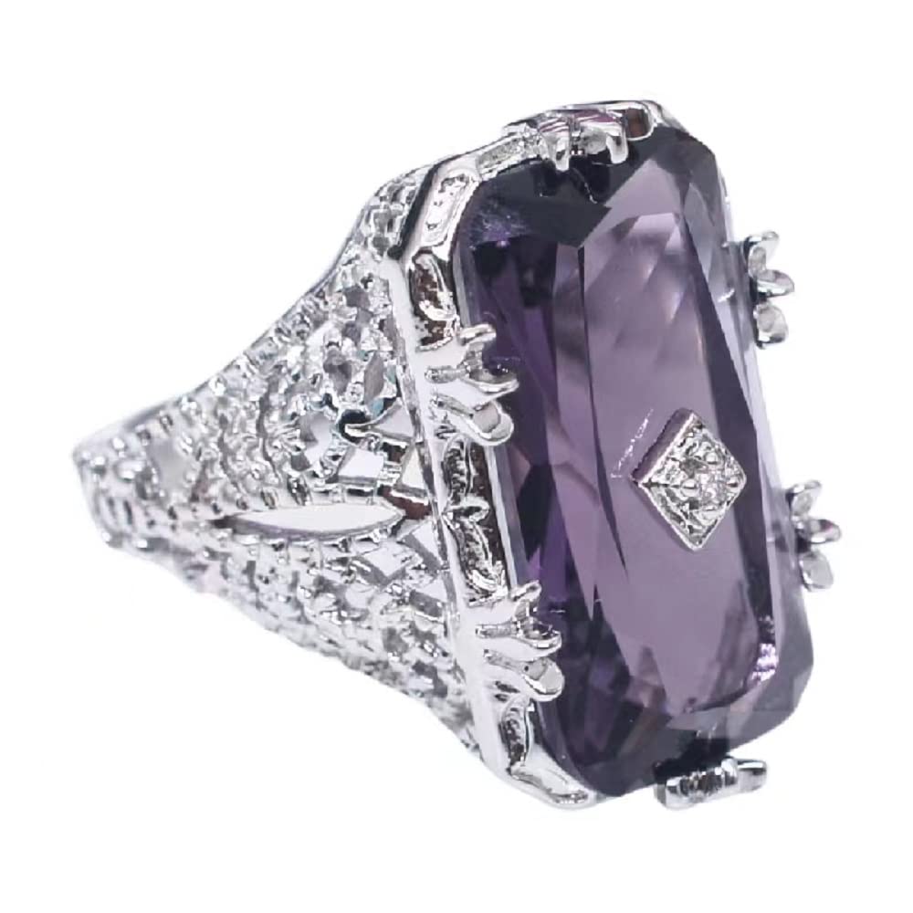 Luxury Fashion Rectangular Natural Amethyst Princess Ring in 925 Silver Openwork Square Perfect Cut Purple Gemstone Cubic Zirconia Ring CZ Eternity Engagement Wedding Ring Women's Sizes 6-10 582 (8)