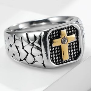 Jude Jewelers Stainless Steel Christian Cross Signet Style Religoius Prayer Wedding Statement Biker Party Ring (Silver Gold, 12)