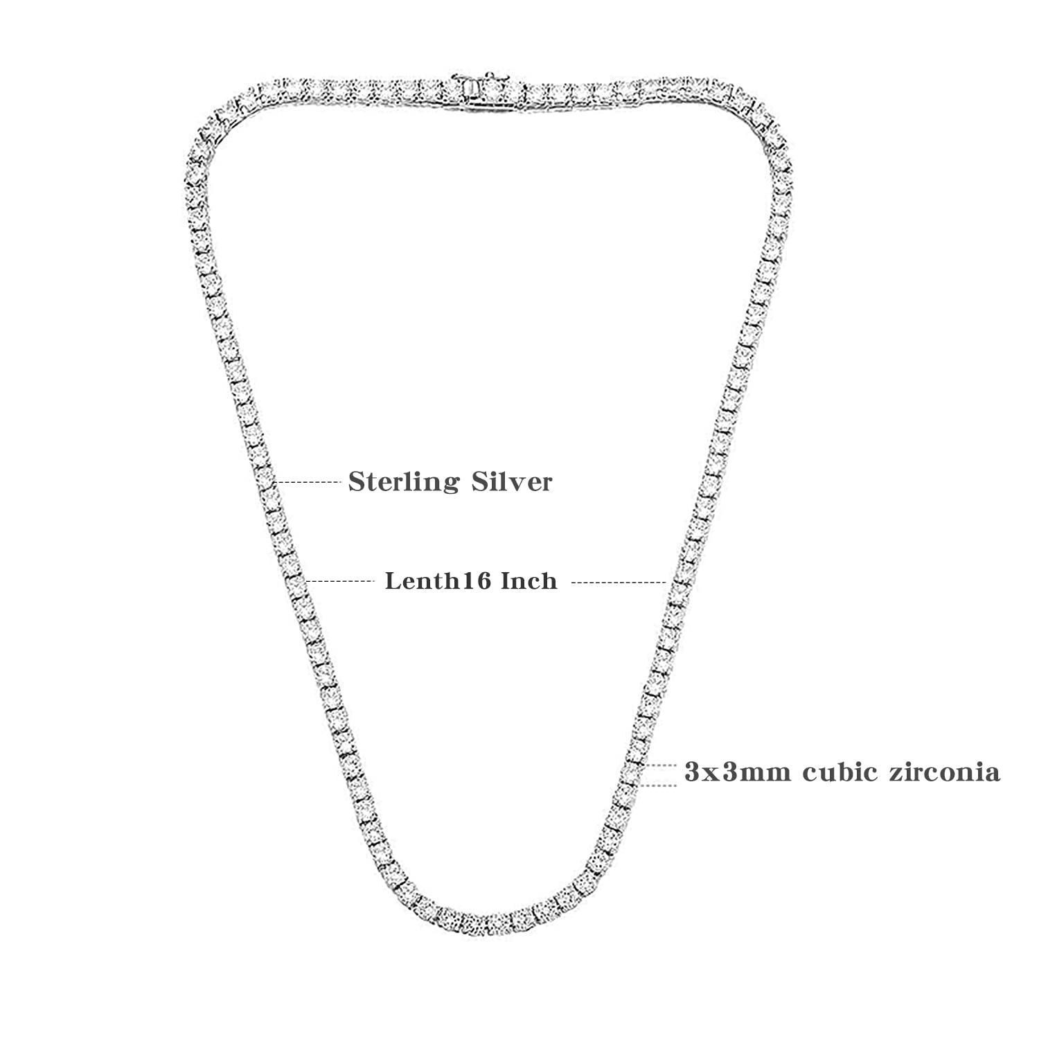 Tennis Necklace 925 Sterling Silver| 3mm Round Cubic Zirconia Cut Faux Diamond Tennis Chain for Women and Men Bridal Wedding Jewelry 16 inches