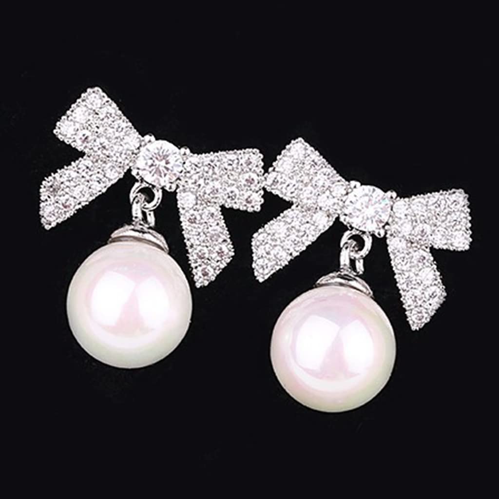 Platinum Plated Bow Tie Style Faux Pearl Statement Wedding Cocktail Party Dangle Drop Earrings (Silver)