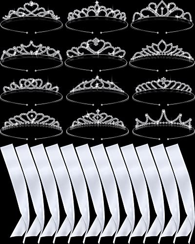 Juinte 12 set Sashes and Crown Set Satin Sashes for Pageants Rhinestone Prom Queen Tiara Crown White Blank Sash DIY for Birthday Wedding Beauty Pageant Prom Party Supplies(White, Silver)