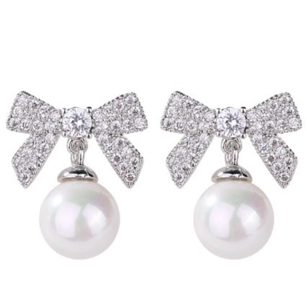 Platinum Plated Bow Tie Style Faux Pearl Statement Wedding Cocktail Party Dangle Drop Earrings (Silver)