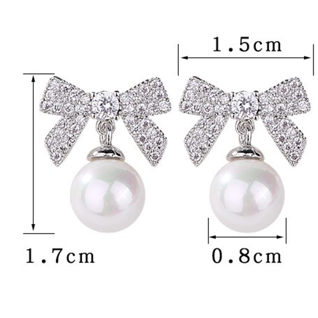 Platinum Plated Bow Tie Style Faux Pearl Statement Wedding Cocktail Party Dangle Drop Earrings (Silver)