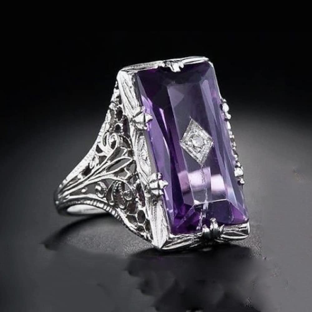 Luxury Fashion Rectangular Natural Amethyst Princess Ring in 925 Silver Openwork Square Perfect Cut Purple Gemstone Cubic Zirconia Ring CZ Eternity Engagement Wedding Ring Women's Sizes 6-10 582 (8)