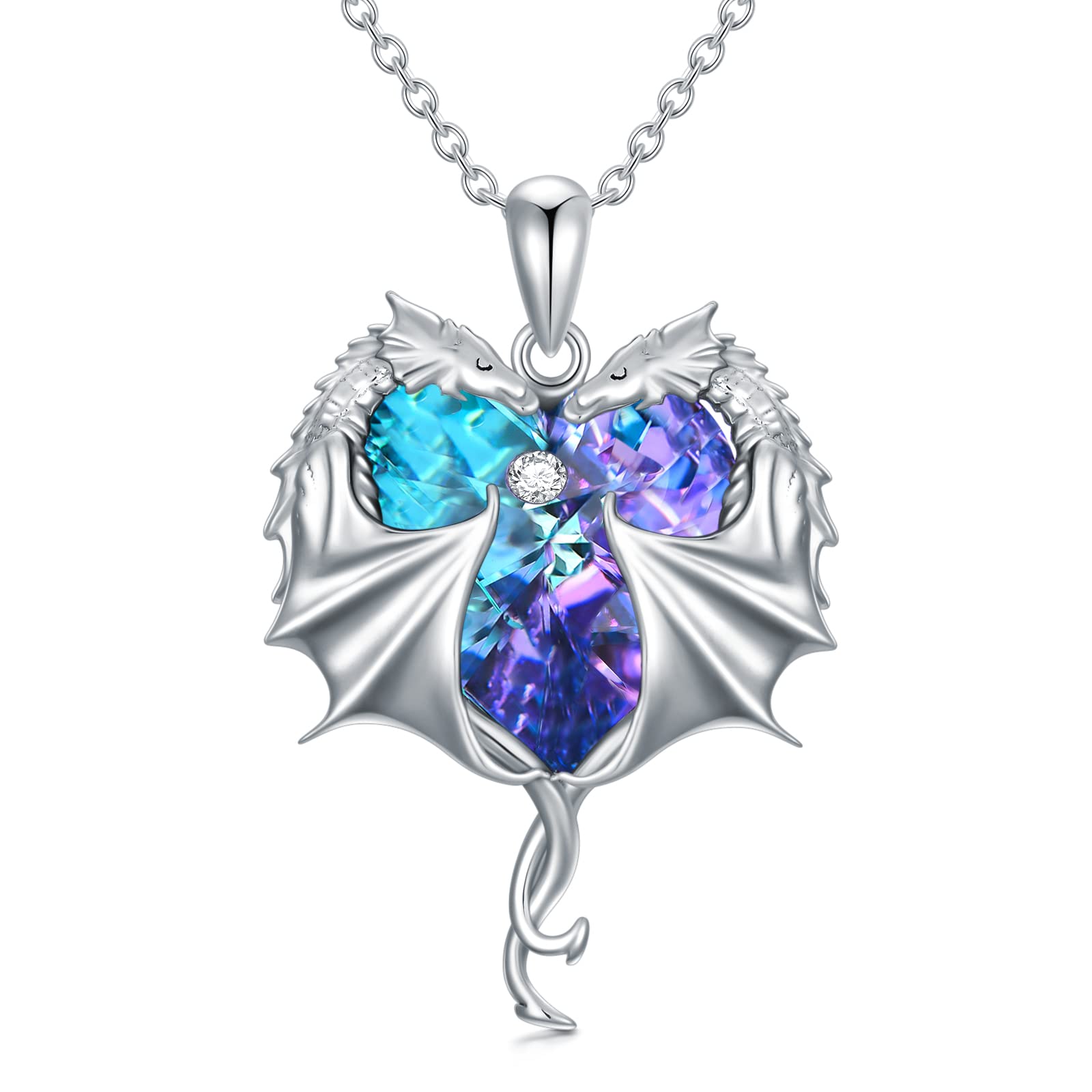 AOBOCO Dragon Necklace Sterling Silver Dragon Heart Pendant Necklace with Purple Austrian Crystal Dragon Jewelry Gift for Women