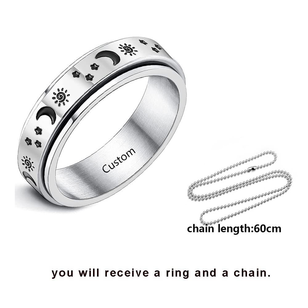 AKEL DOAP Personalized Spinner Rings for Anxiety Stainless Steel for Women Sun Moon and Star Statement Ring Fidget Rings for Anxiety for Men Engraved Name Rings for Mom (Style 4)