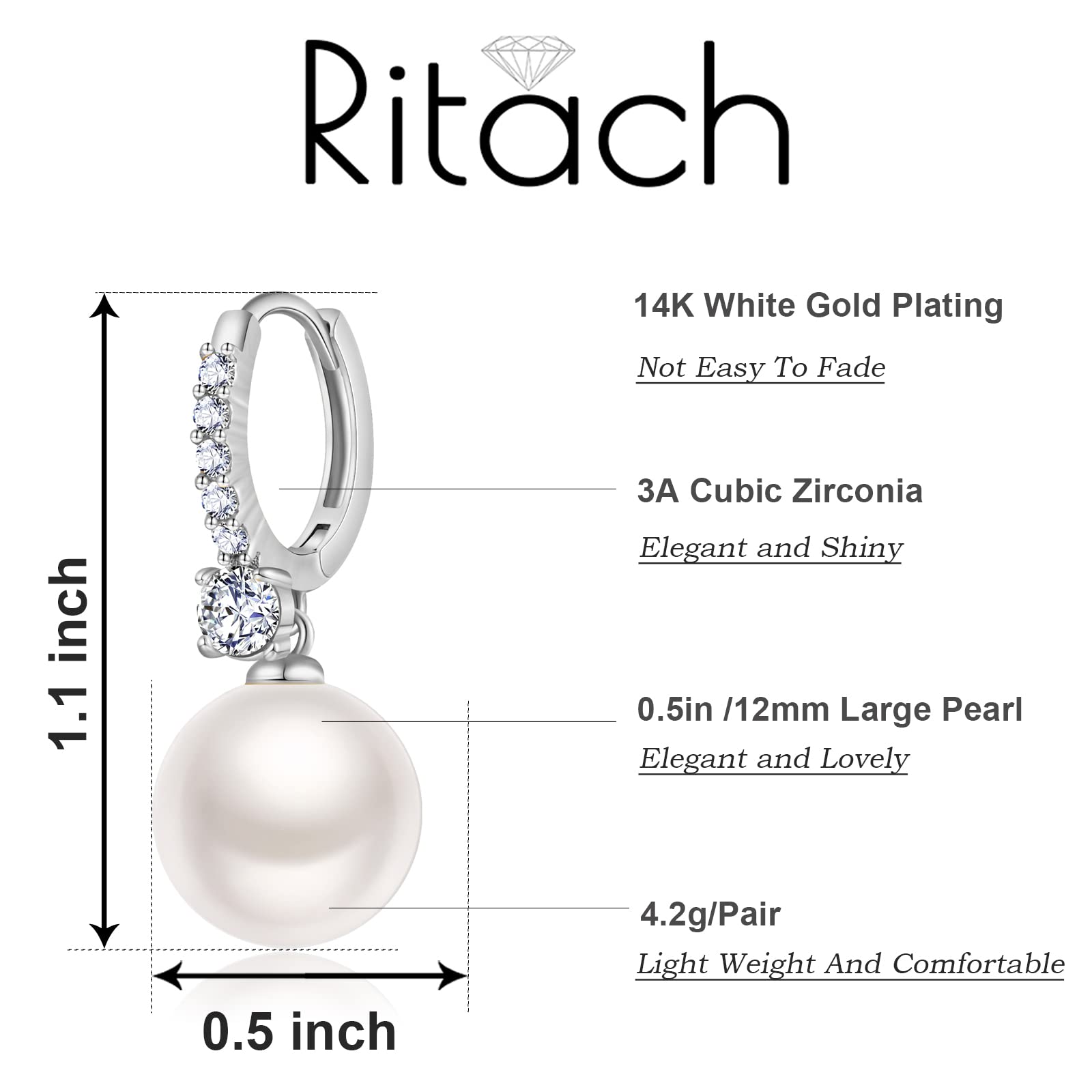 RITACH Pearl Earrings for Women 925 Sterling Silver White Gold Dangle Drop Earrings 5A Cubic Zirconia Pearl Drop Earrings Large Size 12mm (B-Pearl Drop)