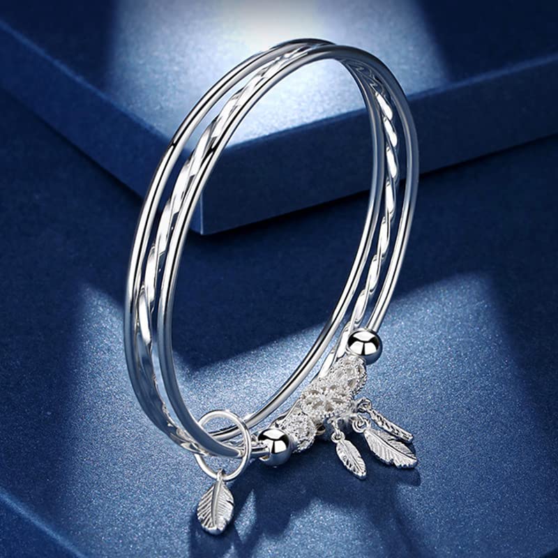 Luckilemon Silver Dream Catcher Tassel Feather Charm Bracelet Bangle Adjustable Mother's Day Jewelry Gift Birthday Christmas Gifts for Women Mom Wife Girls