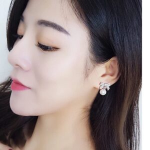 Platinum Plated Bow Tie Style Faux Pearl Statement Wedding Cocktail Party Dangle Drop Earrings (Silver)