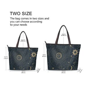 Tote Bag Aesthetic (Celestial Star Sun Moon), Large Capacity Zipper Women Grocery Bags Purse for Daily Life 2 Sizes