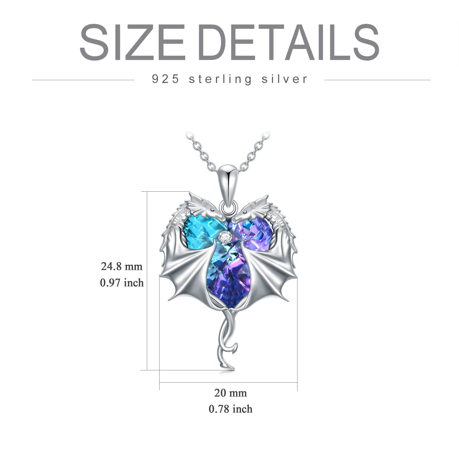 AOBOCO Dragon Necklace Sterling Silver Dragon Heart Pendant Necklace with Purple Austrian Crystal Dragon Jewelry Gift for Women