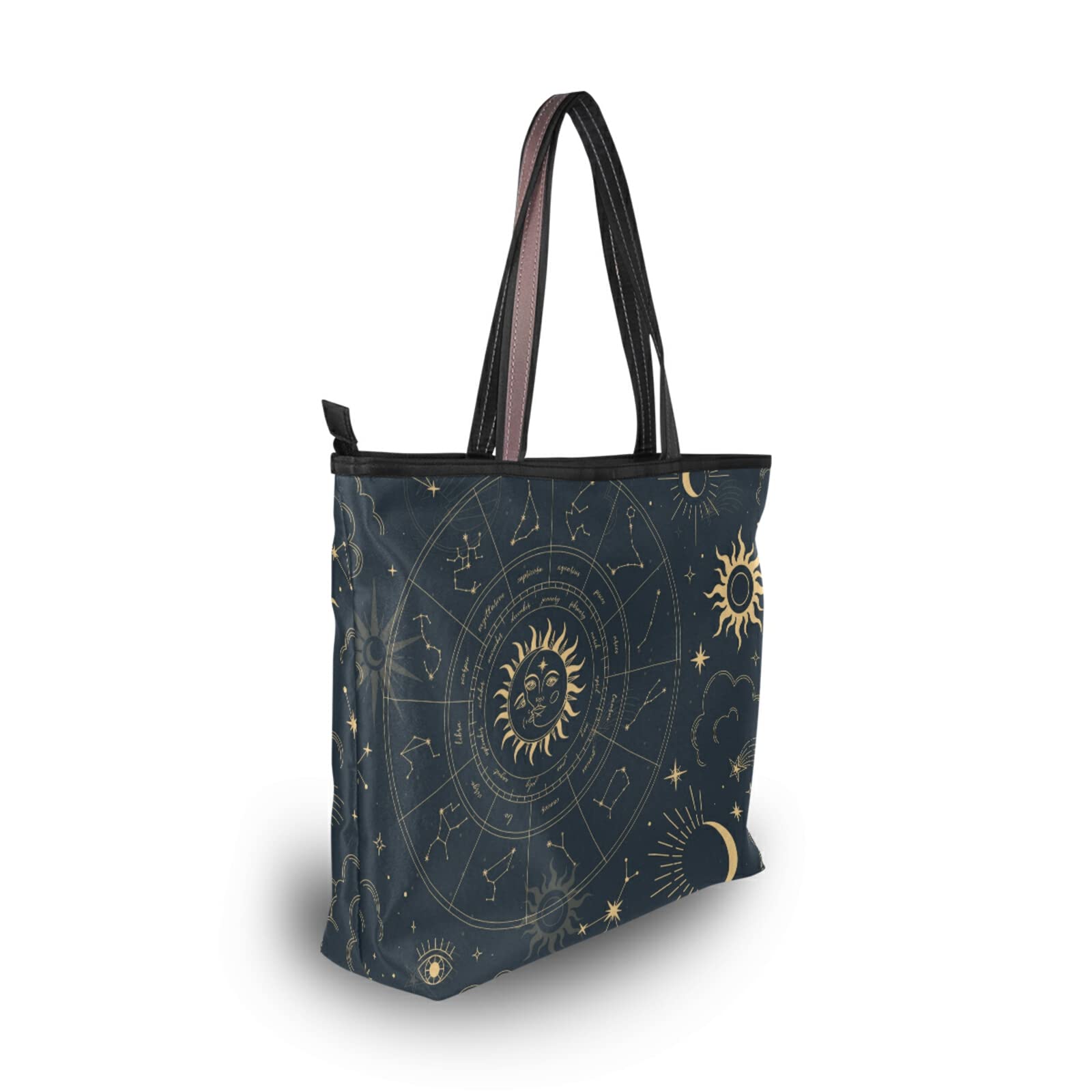 Tote Bag Aesthetic (Celestial Star Sun Moon), Large Capacity Zipper Women Grocery Bags Purse for Daily Life 2 Sizes