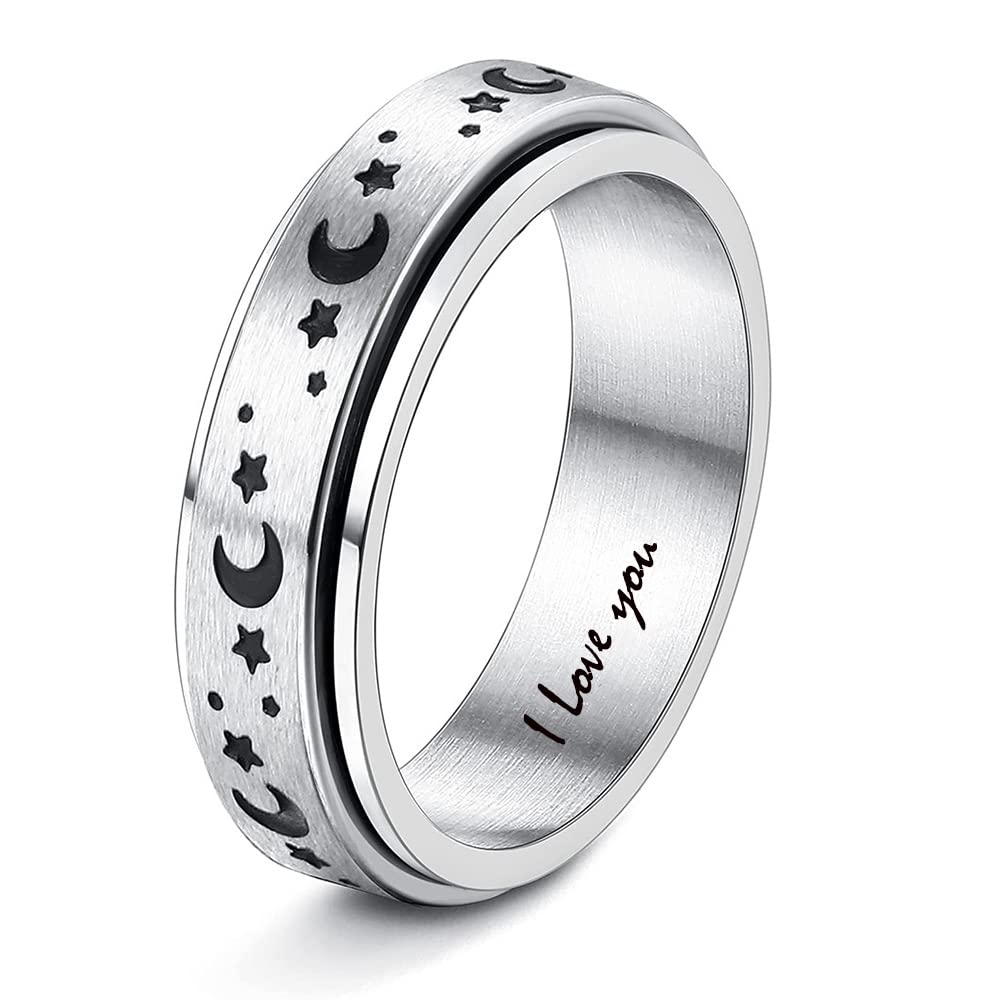 AKEL DOAP Personalized Spinner Rings for Anxiety Stainless Steel for Women Sun Moon and Star Statement Ring Fidget Rings for Anxiety for Men Engraved Name Rings for Mom (Style 4)