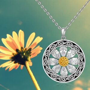 Talonior Daisy Necklace for Women Sterling Silver Celtic Knot Birth Flower Sunflower Necklace Pendant Cubic Zirconia Sunshine Daisy Jewelry Gifts