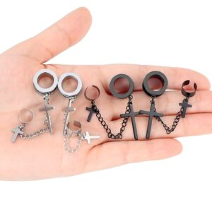 Longbeauty 2 Pairs Surgical Steel Dangle Cross Ear Tunnels Fashion Ear Gauges Plugs Expander Stretchers Piercings Black & Silver 1/2"