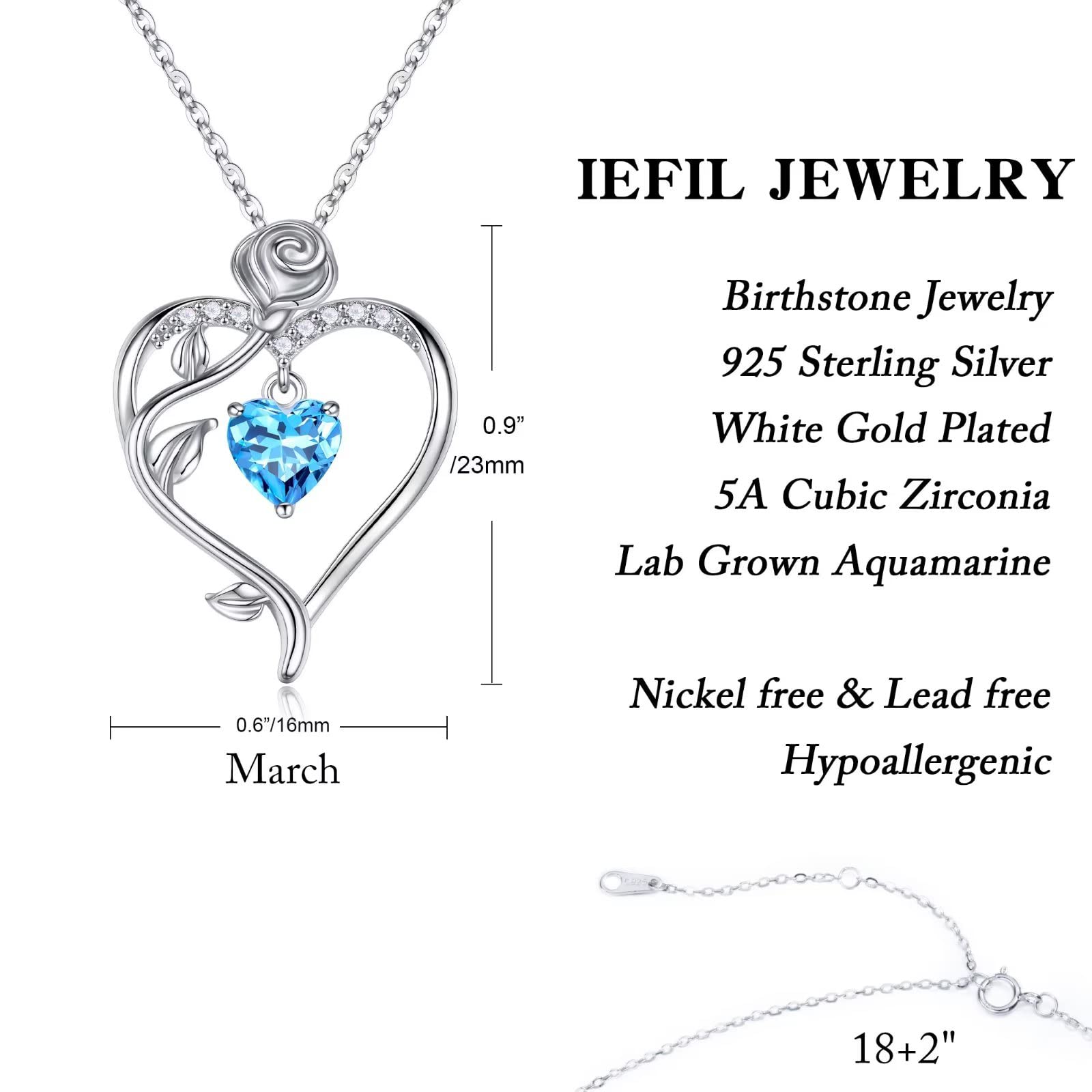 Iefil March Birthstone Necklace for Women, Blue Aquamarine Necklace Rose Love Heart Birthstone Jewelry Mothers Valentines Day Christmas Anniversary Birthday Gifts for Mom Wife Her