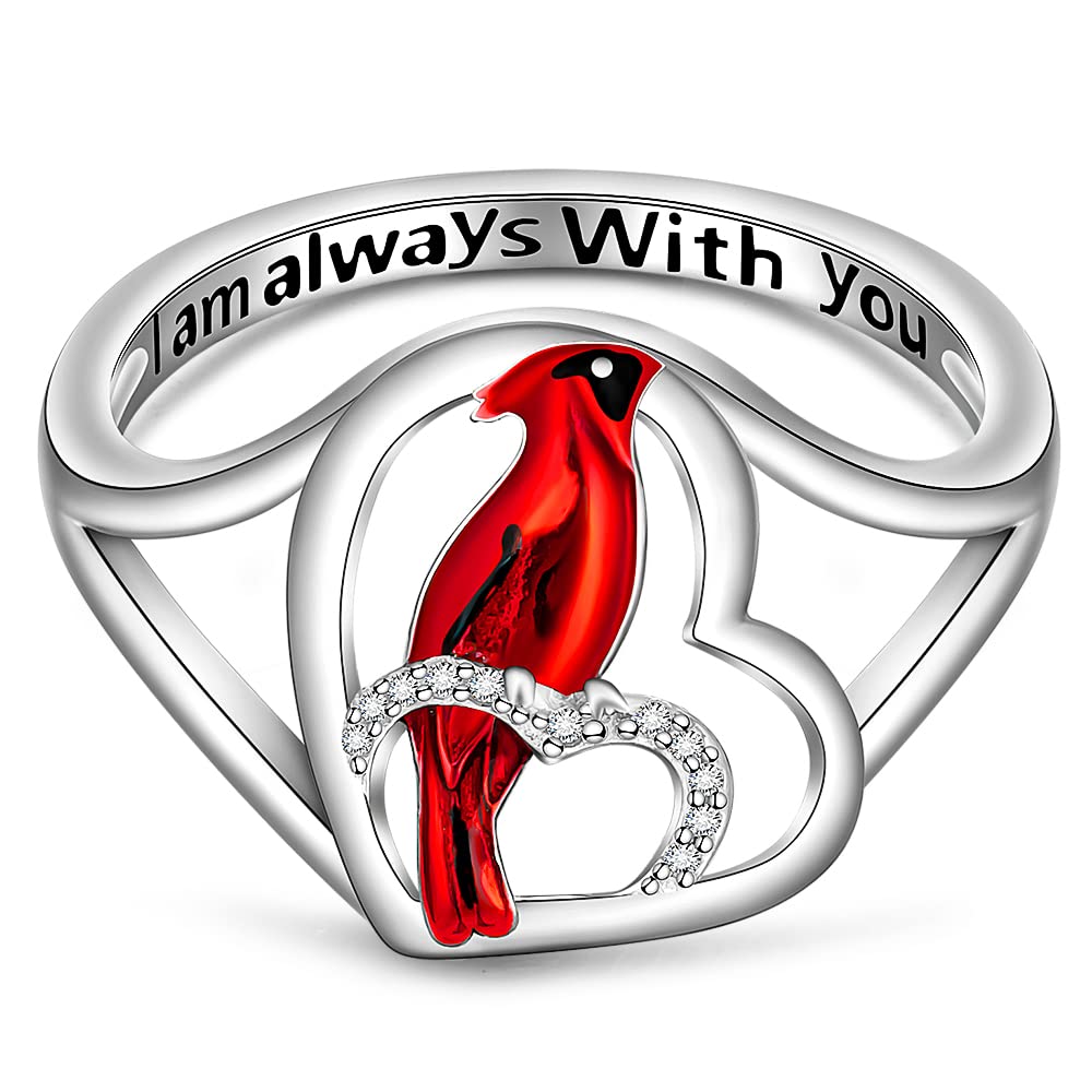 Cardinal Ring Sterling Silver Cardinal Appear When Angels Are Near Inspirational Heart Red Bird Rings for Women Cardinal Memorial Gifts Sympathy for Loss of Loved One Size 7