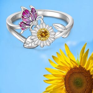 Fenthring Daisy Ring Butterfly Gifts for Women Flower Jewelry Sunflower Sterling Silver Engagement Dainty Cubic Zirconia Cute Rings Size 7