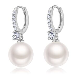 RITACH Pearl Earrings for Women 925 Sterling Silver White Gold Dangle Drop Earrings 5A Cubic Zirconia Pearl Drop Earrings Large Size 12mm (B-Pearl Drop)