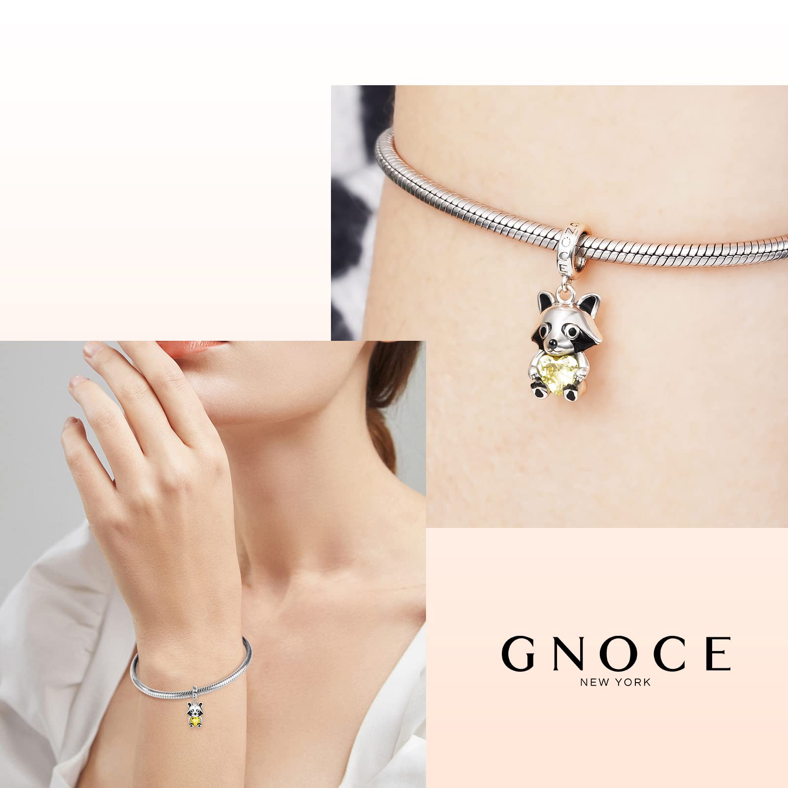 GNOCE Cute Rabbit Embraces Heart Charm Bead 925 Sterling Silver Raccoon Animal Charms Fit Bracelet/Necklace For Mother's Day Gift (Raccoon)