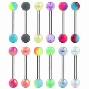 Riuziyi 24Pcs Tongue Rings for Women Candy Color Ball Tongue Nipple Piercing 14G Surgical Steel Barbell Tongue Retainer Body Jewelry Bar Length 16mm (Style2-24Pack)