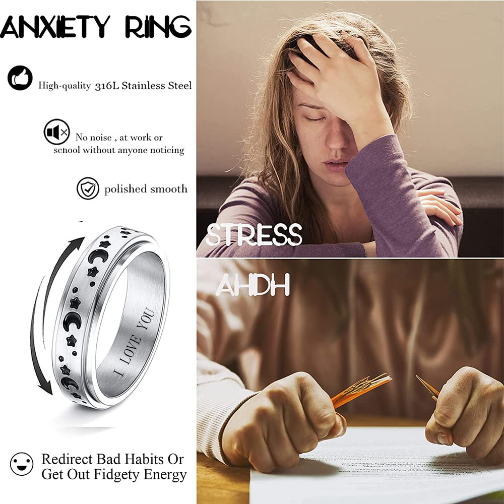 AKEL DOAP Personalized Spinner Rings for Anxiety Stainless Steel for Women Sun Moon and Star Statement Ring Fidget Rings for Anxiety for Men Engraved Name Rings for Mom (Style 4)