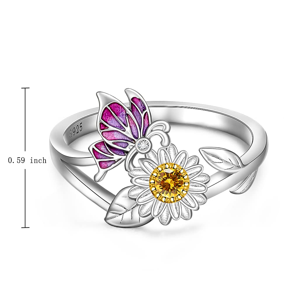 Fenthring Daisy Ring Butterfly Gifts for Women Flower Jewelry Sunflower Sterling Silver Engagement Dainty Cubic Zirconia Cute Rings Size 7