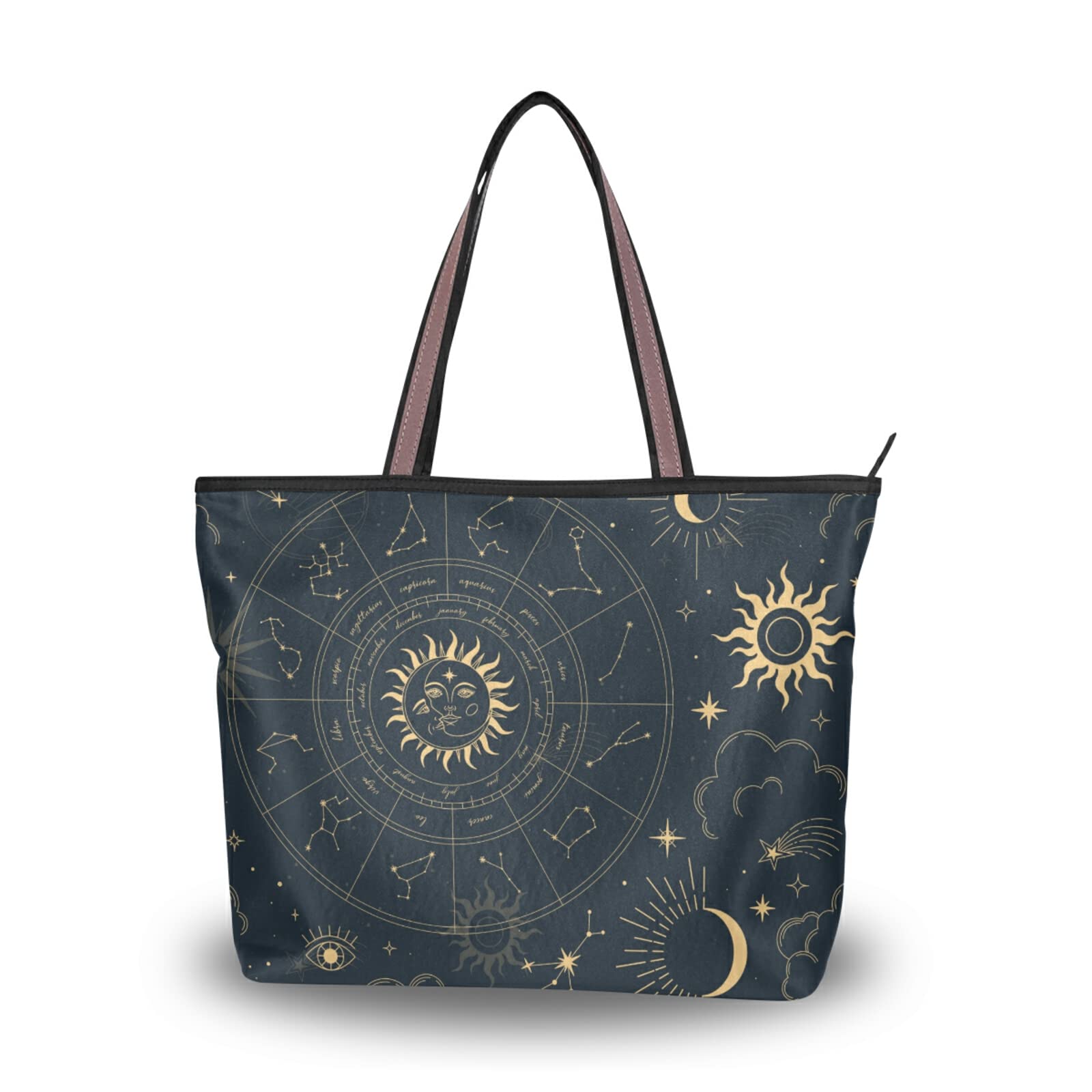 Tote Bag Aesthetic (Celestial Star Sun Moon), Large Capacity Zipper Women Grocery Bags Purse for Daily Life 2 Sizes