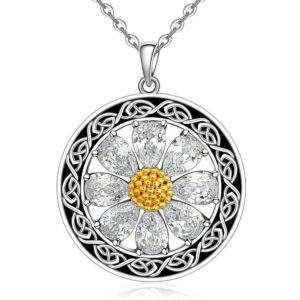 Talonior Daisy Necklace for Women Sterling Silver Celtic Knot Birth Flower Sunflower Necklace Pendant Cubic Zirconia Sunshine Daisy Jewelry Gifts