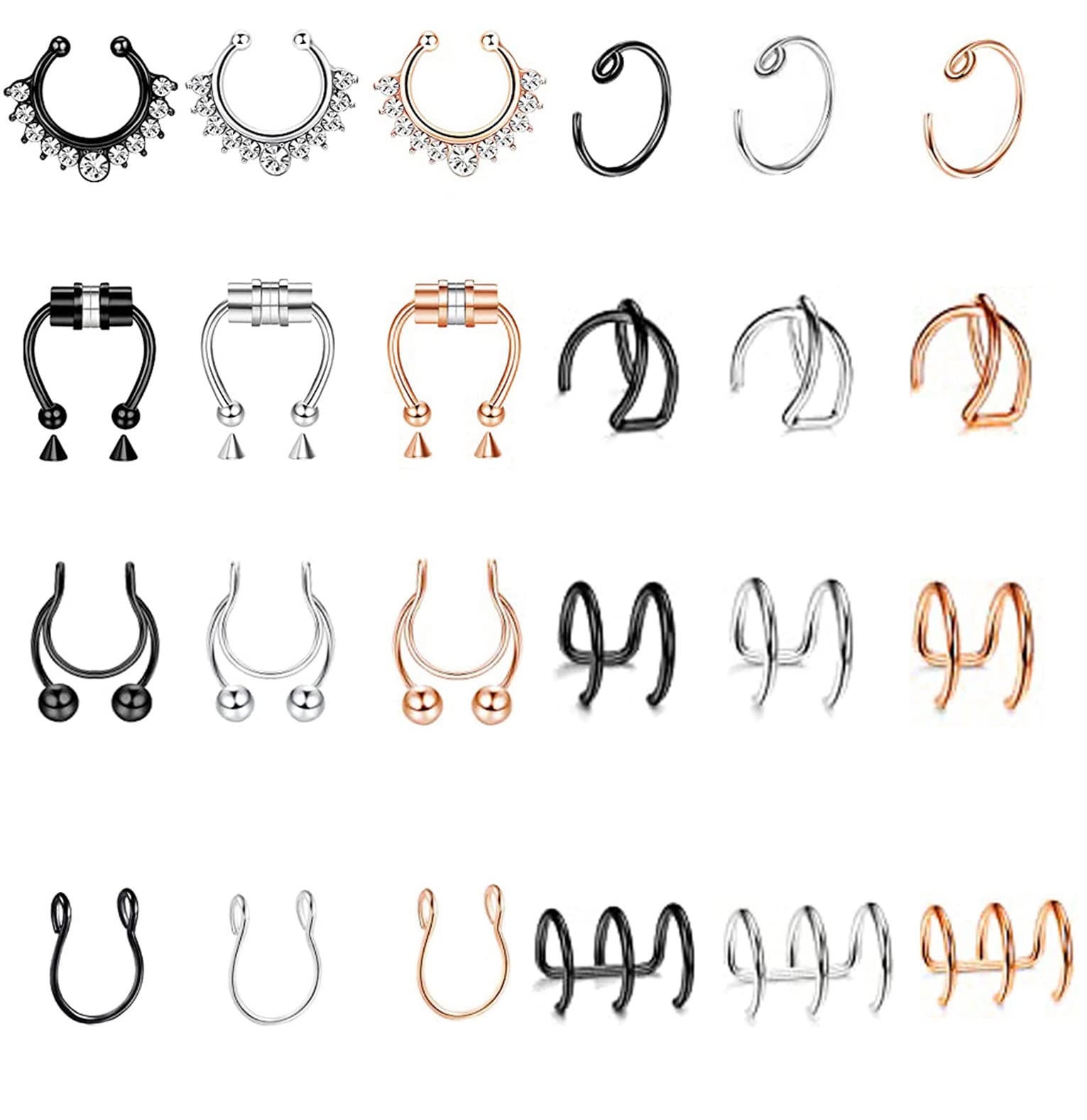 REVOLIA 24Pcs Faux Nose Ring Fake Septum Piercing Nose Cuff Fake Septum Ring Faux Lip Ear Ring Clip On Non Piercing Set B