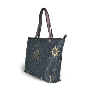 Tote Bag Aesthetic (Celestial Star Sun Moon), Large Capacity Zipper Women Grocery Bags Purse for Daily Life 2 Sizes