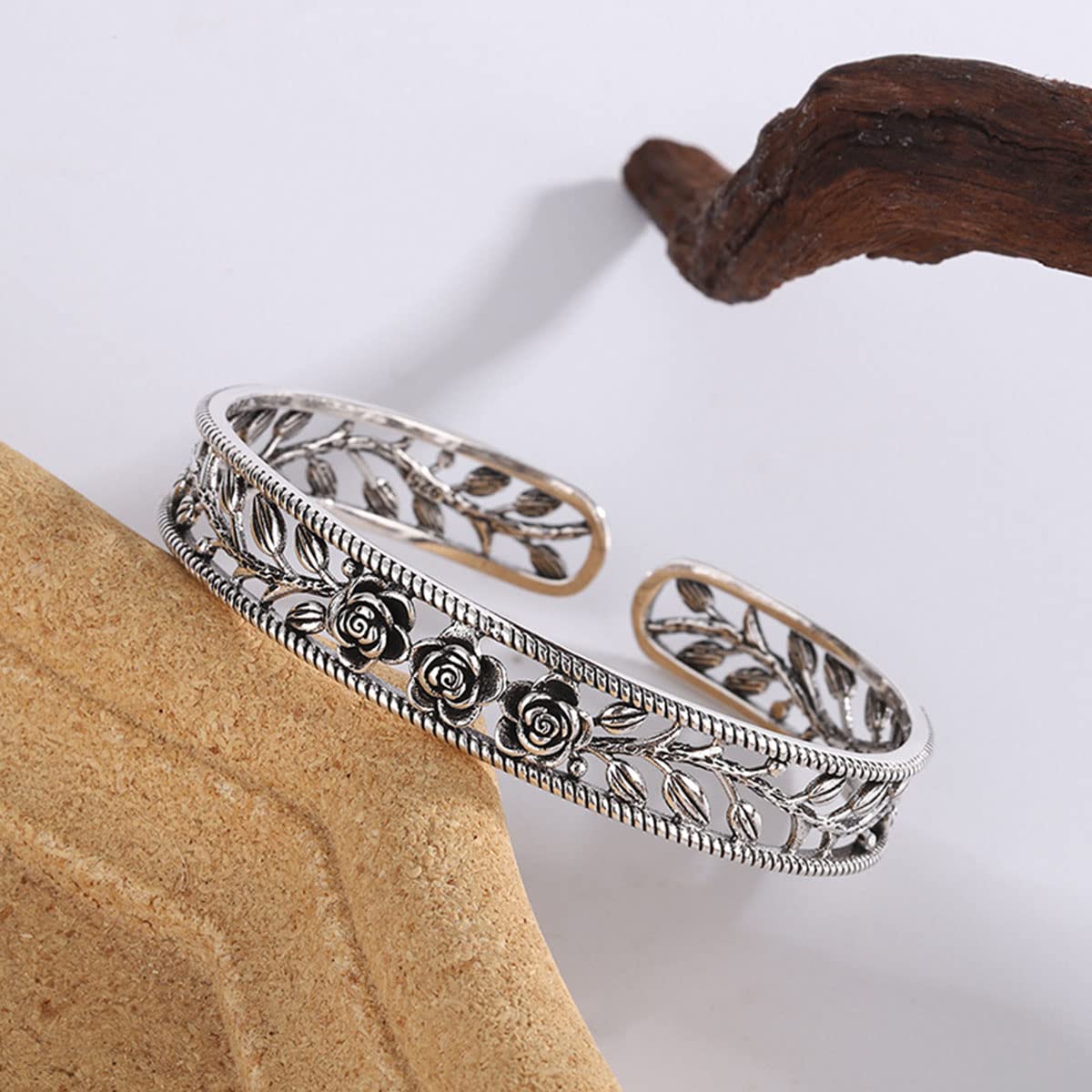 FUTIMELY Silver Leaf Bracelet Vintage Adjustable Feather Bracelet Trendy Hollow Rose Flower Leaves Cuff Bangle Wedding Bangle for Women Men (Rose Flower Bracelet)