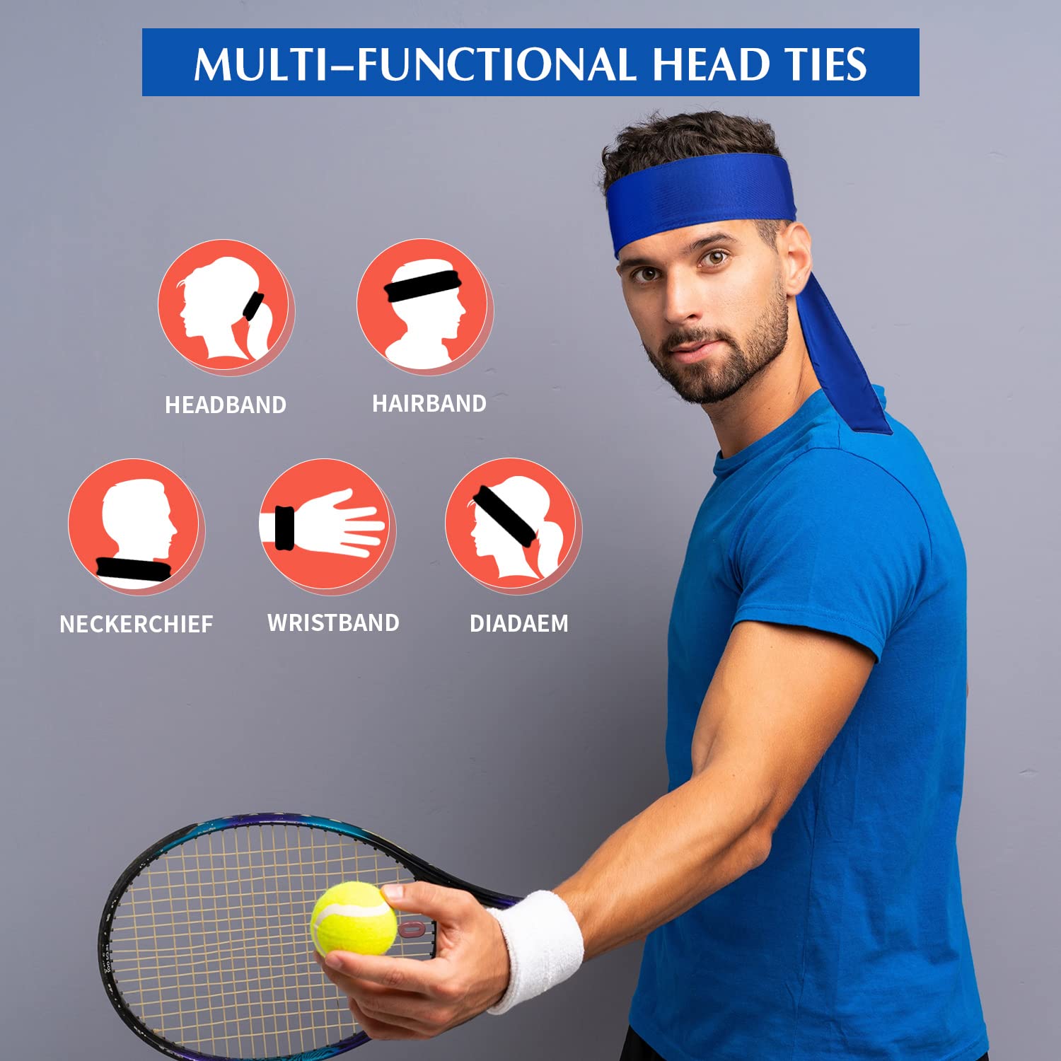 WILLBOND 12 Pieces Unisex Tennis Tie Headband, Dry Head Tie Sport Tie Back Headband for Basketball, Running, Tennis, Karate, Athletics (Blue, Black)