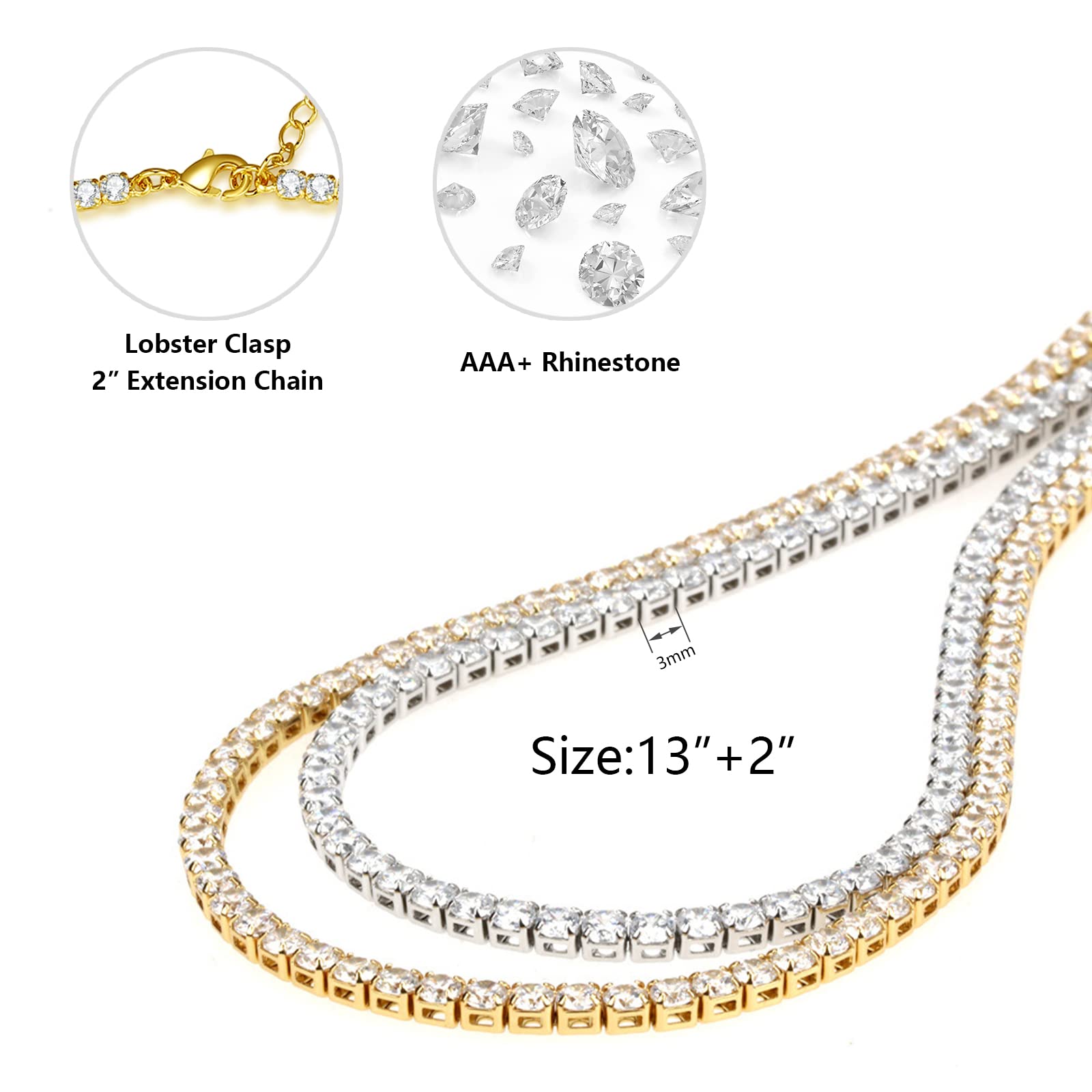 HERIER Tennis Necklace for Women 14K Gold Plated or Silver Rhinestone Choker Necklaces Dainty Zirconia Cut Faux Diamond chain 3mm